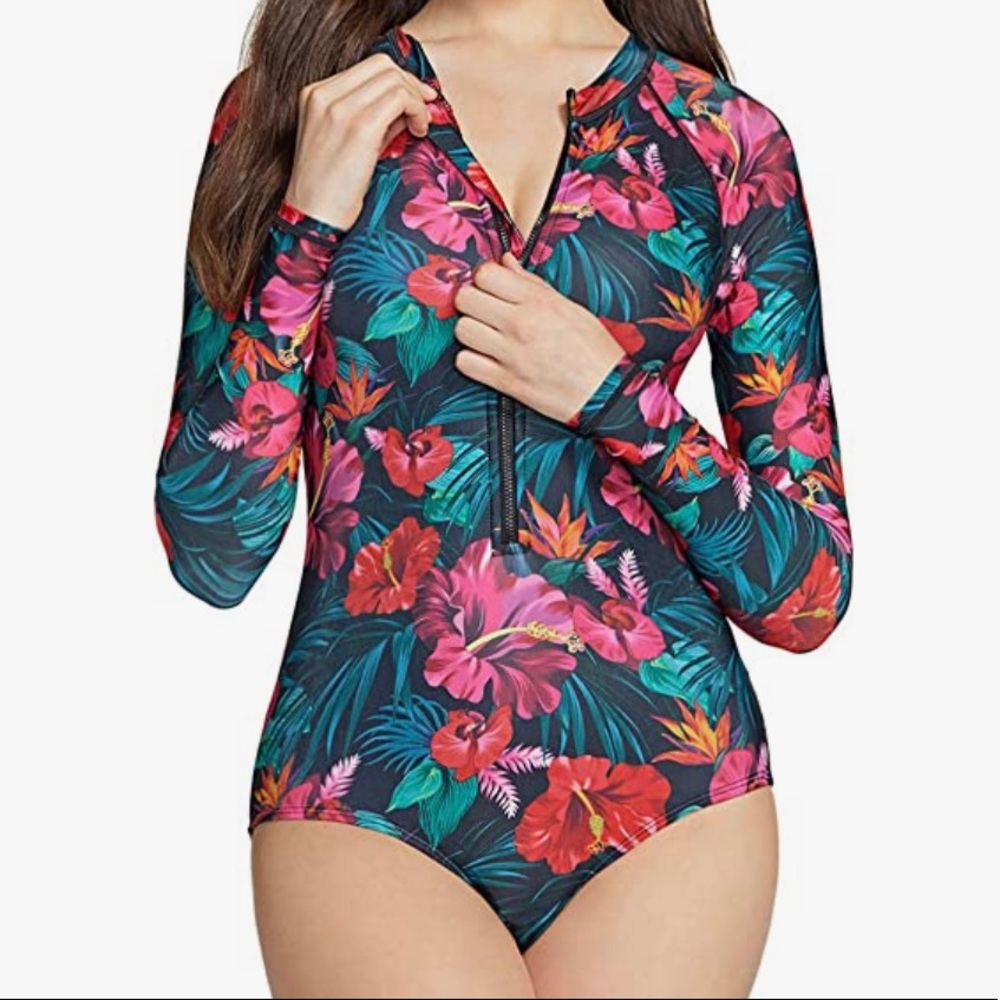 One piece long sleeve Hawaiian print swim
